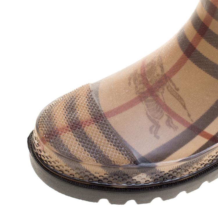Pre Owned Burberry Beige House Check Rubber Rain Boots Size 35