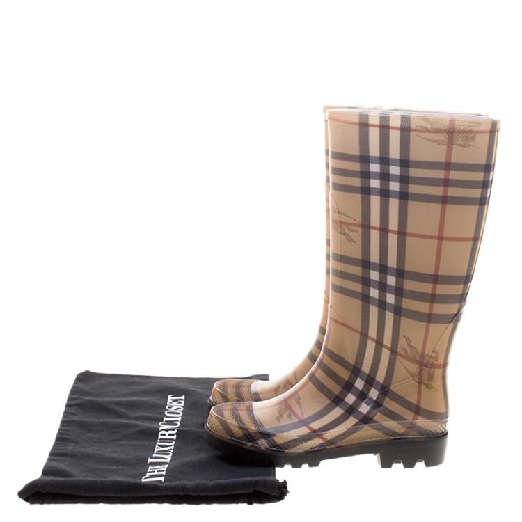 Pre Owned Burberry Beige House Check Rubber Rain Boots Size 35