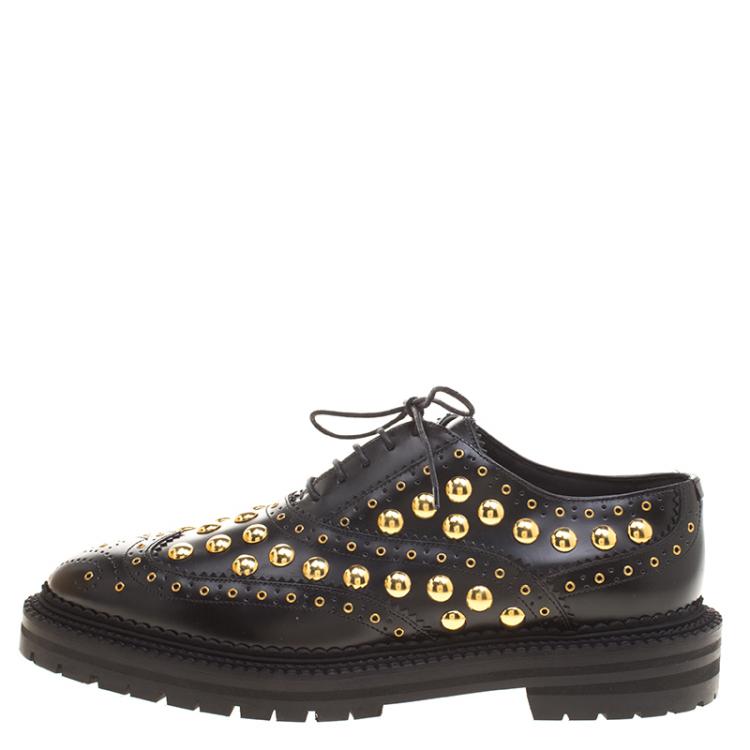 مملوكة مسبقًا Burberry Black Leather Deardown Studded Platform Oxfords Size 40