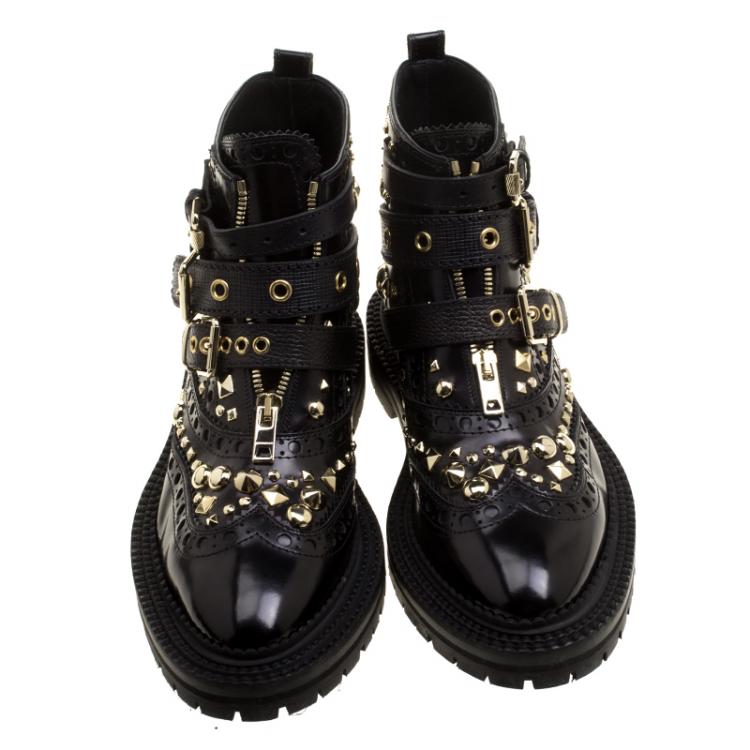 Pre Owned Burberry Black Studded Leather Everdon Ankle Boots Size 40