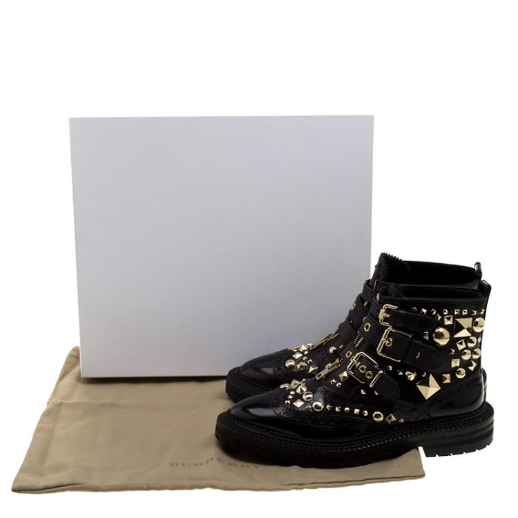 Pre Owned Burberry Black Studded Leather Everdon Ankle Boots Size 40