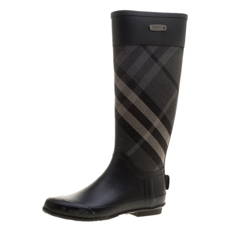 Kortfattet ære Balehval Burberry Black Rubber and Beat Check Fabric Rain Boots Size 36 Burberry |  TLC