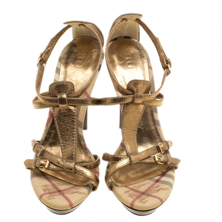 Pre Owned Burberry Metallic Dull Gold Leather Strappy Platform Peep Toe Sandals Size 38