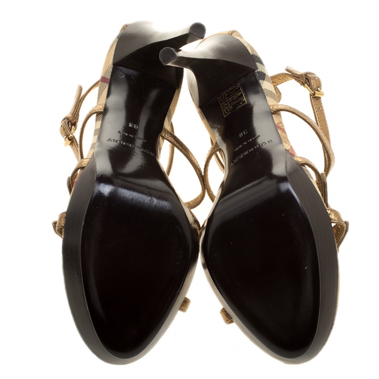 Pre Owned Burberry Metallic Dull Gold Leather Strappy Platform Peep Toe Sandals Size 38