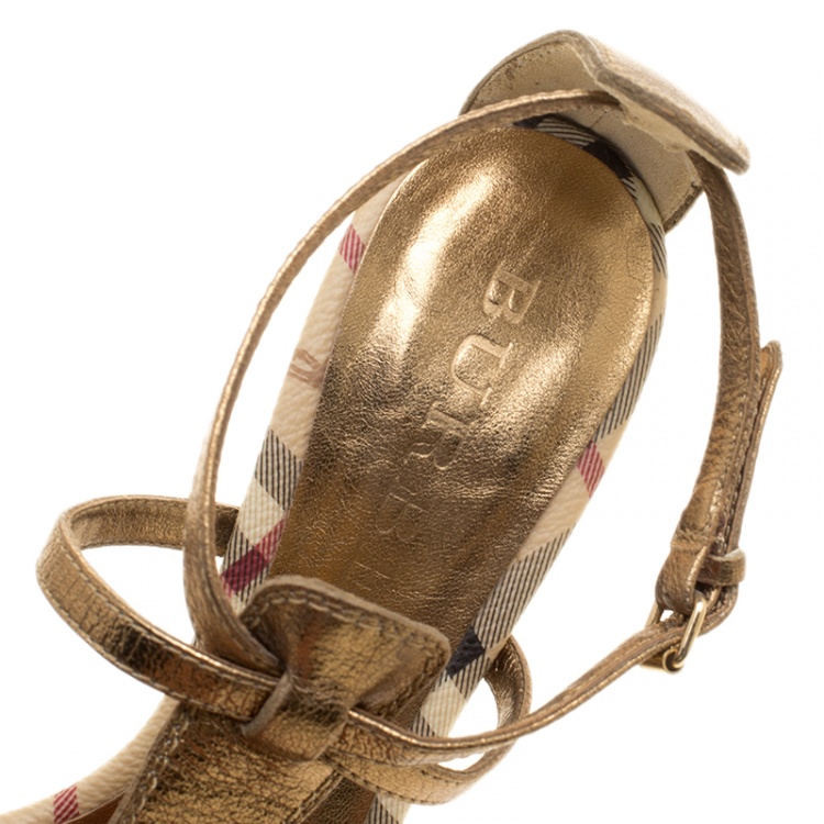 Pre Owned Burberry Metallic Dull Gold Leather Strappy Platform Peep Toe Sandals Size 38