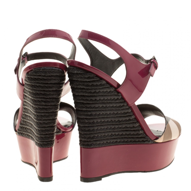Pre Owned Burberry Magenta Patent Leather and Canvas Espadrille Platform Wedge Sandals Size 39.5