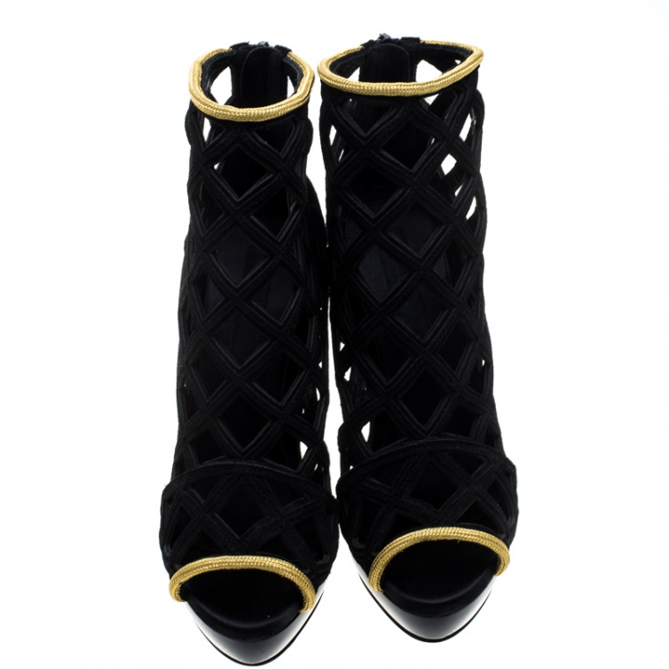 Pre Owned Burberry Prorsum Black Suede and Gold Edenside Cage Wedge Ankle Boots Size 37.5