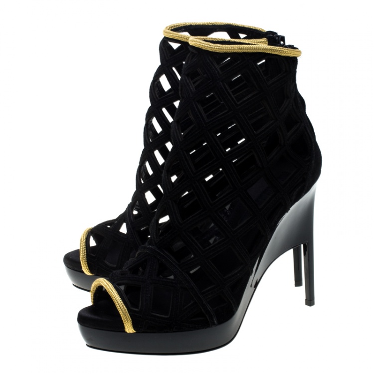 Pre Owned Burberry Prorsum Black Suede and Gold Edenside Cage Wedge Ankle Boots Size 37.5