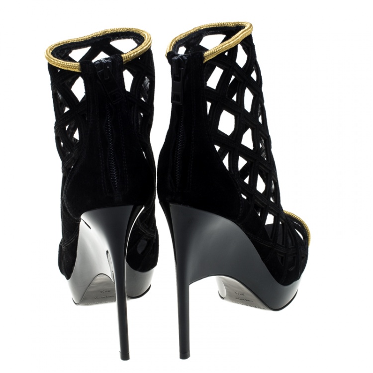 Pre Owned Burberry Prorsum Black Suede and Gold Edenside Cage Wedge Ankle Boots Size 37.5
