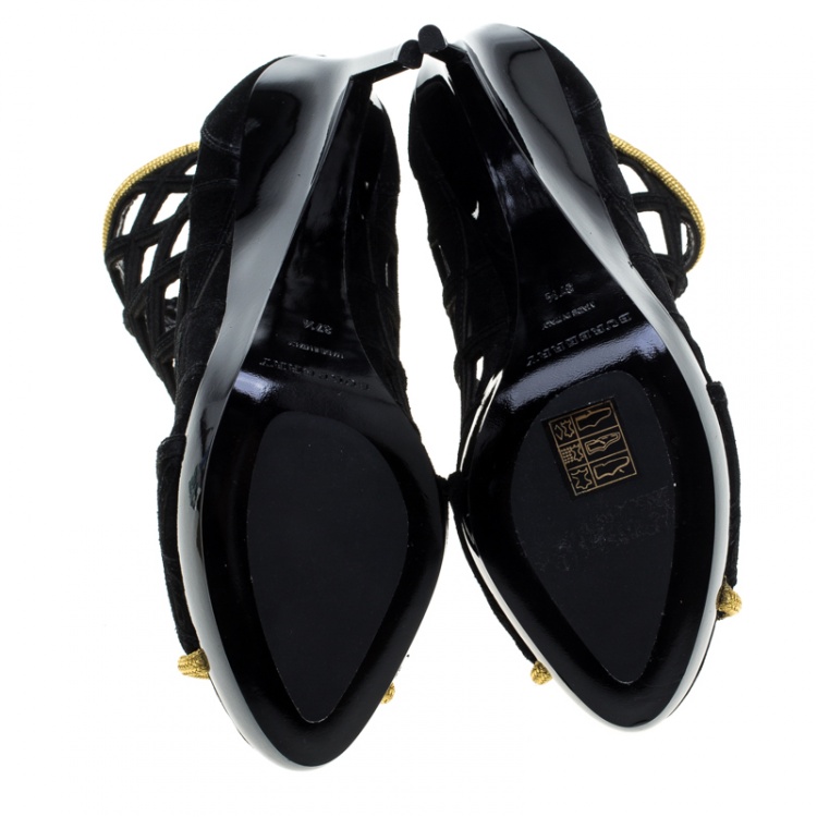Pre Owned Burberry Prorsum Black Suede and Gold Edenside Cage Wedge Ankle Boots Size 37.5
