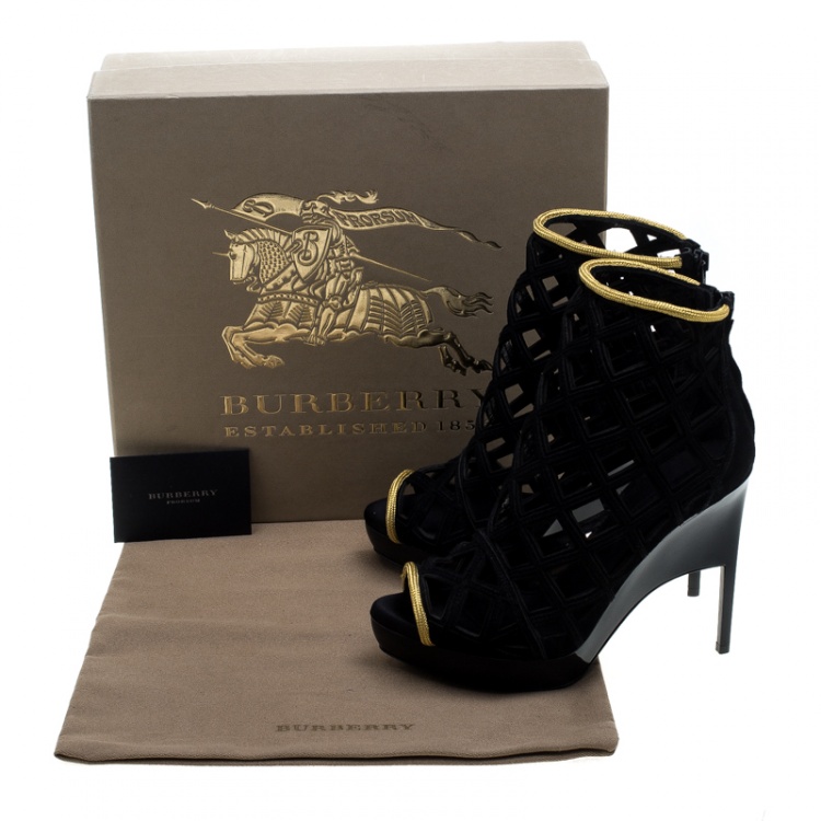 Pre Owned Burberry Prorsum Black Suede and Gold Edenside Cage Wedge Ankle Boots Size 37.5