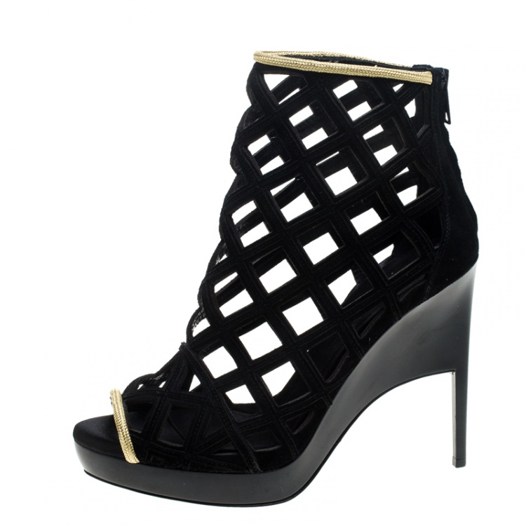 Pre Owned Burberry Prorsum Black Suede and Gold Edenside Cage Wedge Ankle Boots Size 40