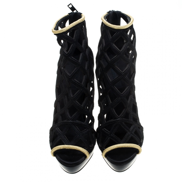 Pre Owned Burberry Prorsum Black Suede and Gold Edenside Cage Wedge Ankle Boots Size 40