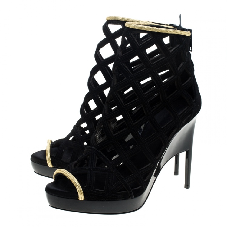 Pre Owned Burberry Prorsum Black Suede and Gold Edenside Cage Wedge Ankle Boots Size 40