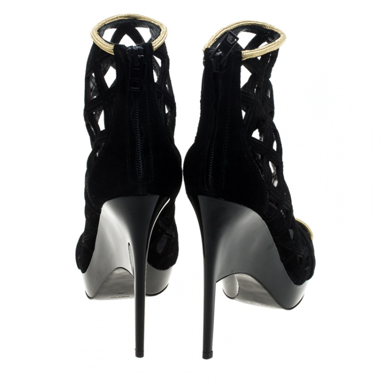 Pre Owned Burberry Prorsum Black Suede and Gold Edenside Cage Wedge Ankle Boots Size 40