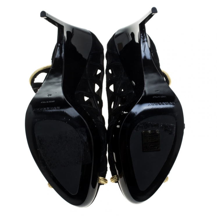 Pre Owned Burberry Prorsum Black Suede and Gold Edenside Cage Wedge Ankle Boots Size 40