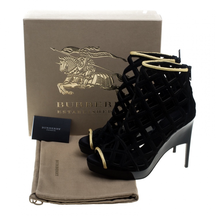 Pre Owned Burberry Prorsum Black Suede and Gold Edenside Cage Wedge Ankle Boots Size 40