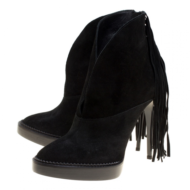 Pre Owned Burberry Prorsum Black Fringed Suede Nadie Ankle Boots Size 39