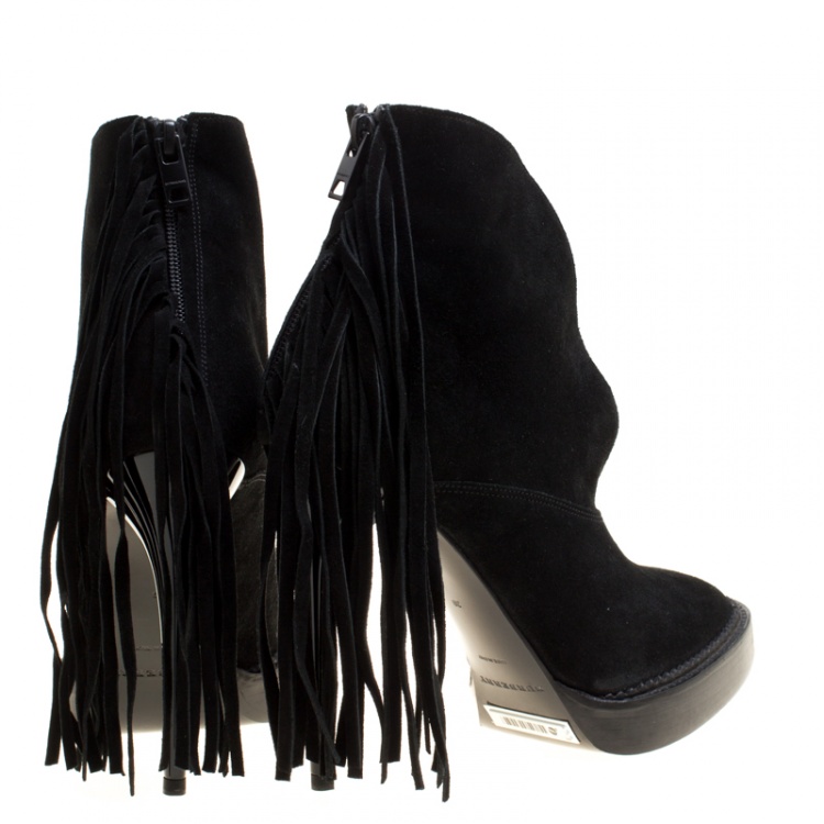 Pre Owned Burberry Prorsum Black Fringed Suede Nadie Ankle Boots Size 39