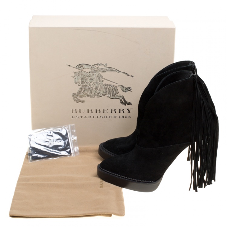 Pre Owned Burberry Prorsum Black Fringed Suede Nadie Ankle Boots Size 39