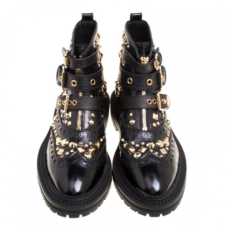 Pre Owned Burberry Black Studded Leather Everdon Ankle Boots Size 40