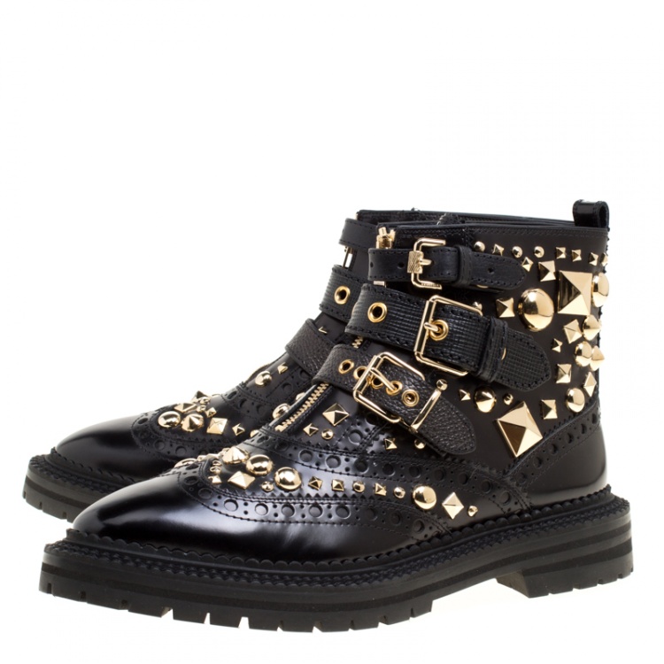 Pre Owned Burberry Black Studded Leather Everdon Ankle Boots Size 40
