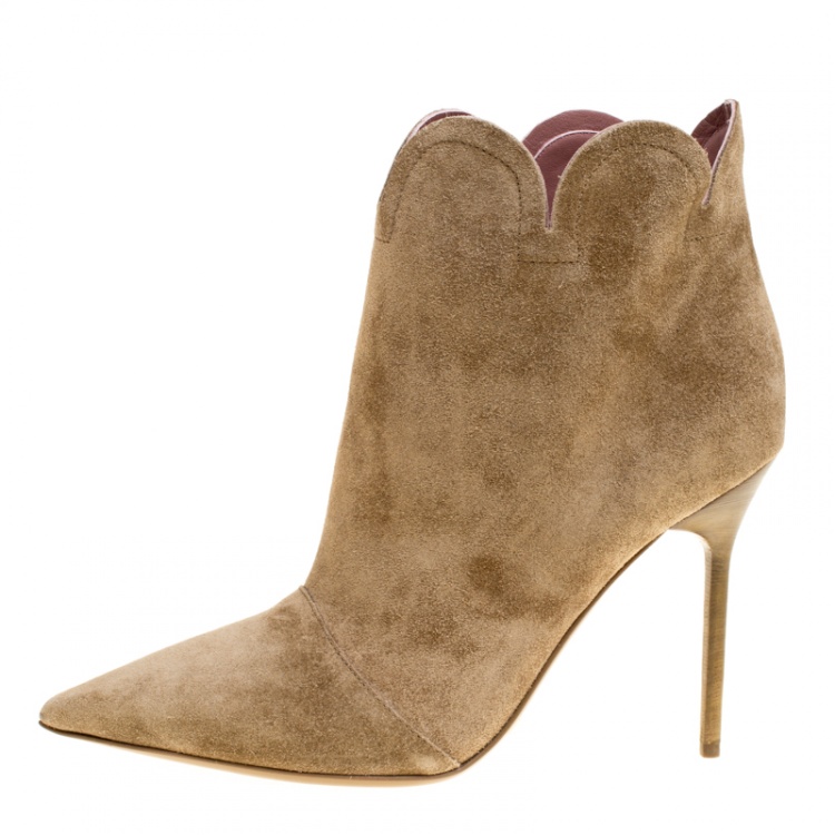 Pre Owned Burberry Brown Suede Samantha Scallop Trim Pointed Toe Ankle Boots Size 38.5