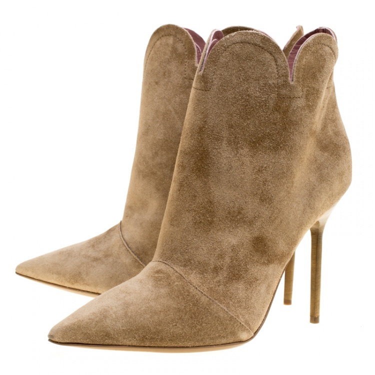 Pre Owned Burberry Brown Suede Samantha Scallop Trim Pointed Toe Ankle Boots Size 38.5