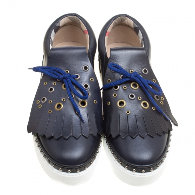 Pre Owned Burberry Navy Blue Leather Kiltie Fringe Slip On Sneakers Size  38.5