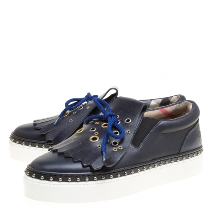 Pre Owned Burberry Navy Blue Leather Kiltie Fringe Slip On Sneakers Size  38.5