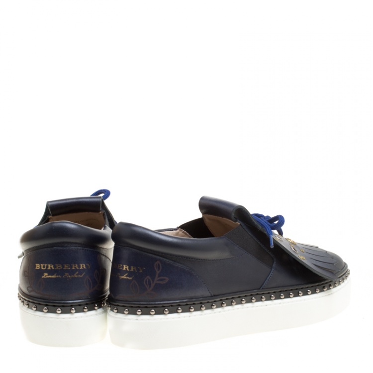 Pre Owned Burberry Navy Blue Leather Kiltie Fringe Slip On Sneakers Size  38.5