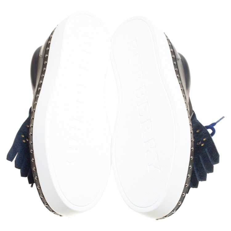 Pre Owned Burberry Navy Blue Leather Kiltie Fringe Slip On Sneakers Size  38.5