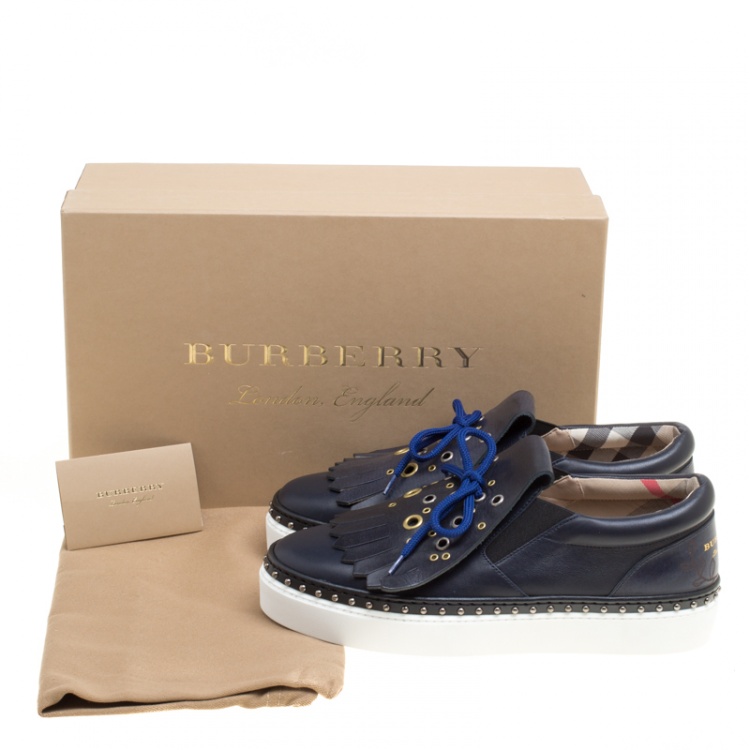 Pre Owned Burberry Navy Blue Leather Kiltie Fringe Slip On Sneakers Size  38.5