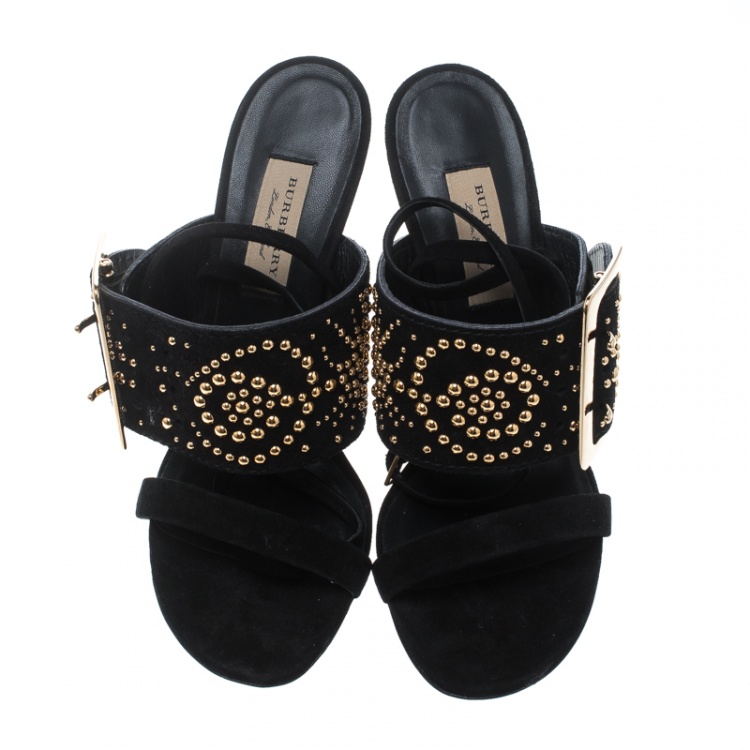 Pre Owned Burberry Black Suede Stud Embellished Padstow Ankle Wrap Sandals Size 40