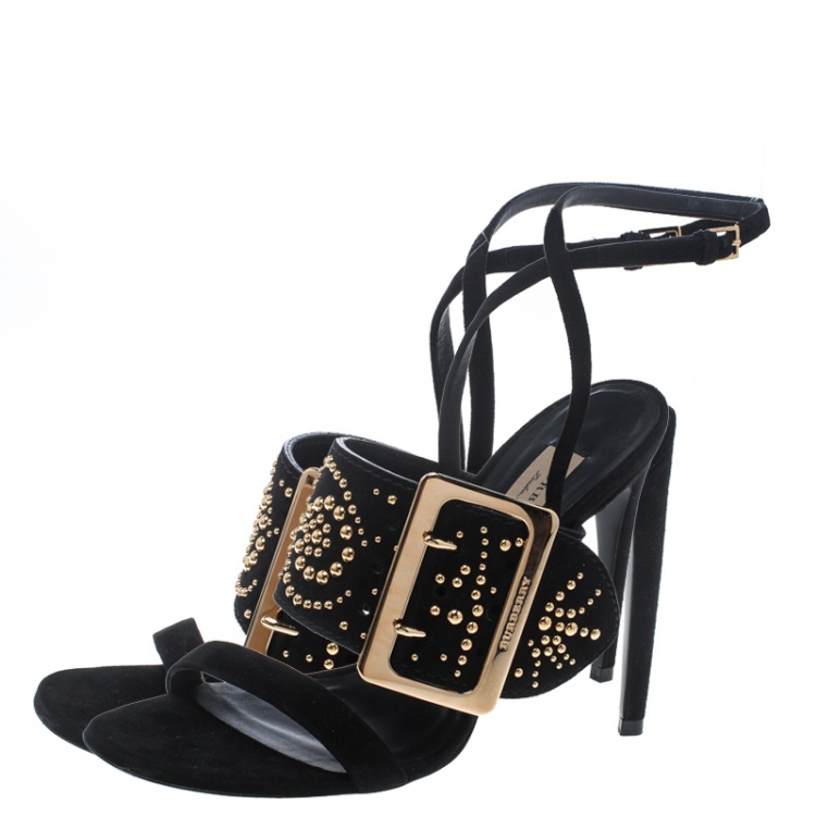 Pre Owned Burberry Black Suede Stud Embellished Padstow Ankle Wrap Sandals Size 40