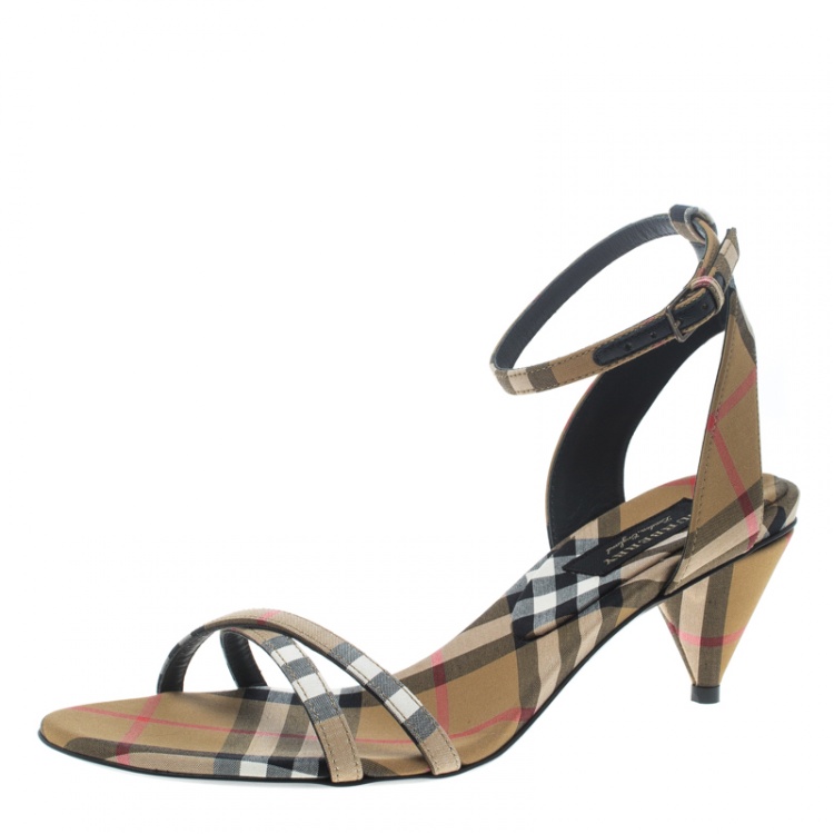 Pre Owned Burberry Beige Novacheck Fabric Hansel Cross Strap Cone Heel Open Toe Sandals Size 37