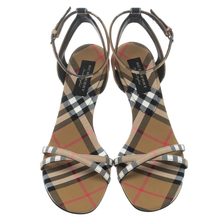 Pre Owned Burberry Beige Novacheck Fabric Hansel Cross Strap Cone Heel Open Toe Sandals Size 37