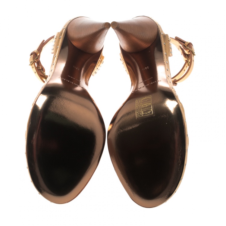 Pre Owned Burberry Metallic Gold Leather Hans T Strap Sandals Size 39.5