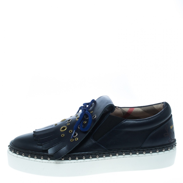 Pre Owned Burberry Navy Blue Leather Kiltie Fringe Slip On Sneakers Size  38.5