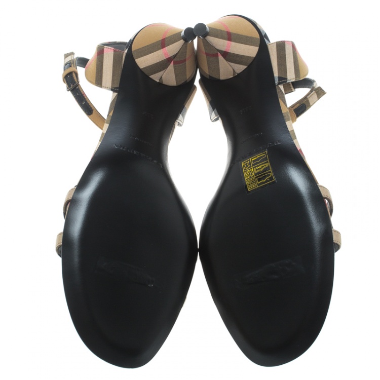 Pre Owned Burberry Beige Novacheck Fabric Hansel Cross Strap Cone Heel Open Toe Sandals Size 38.5