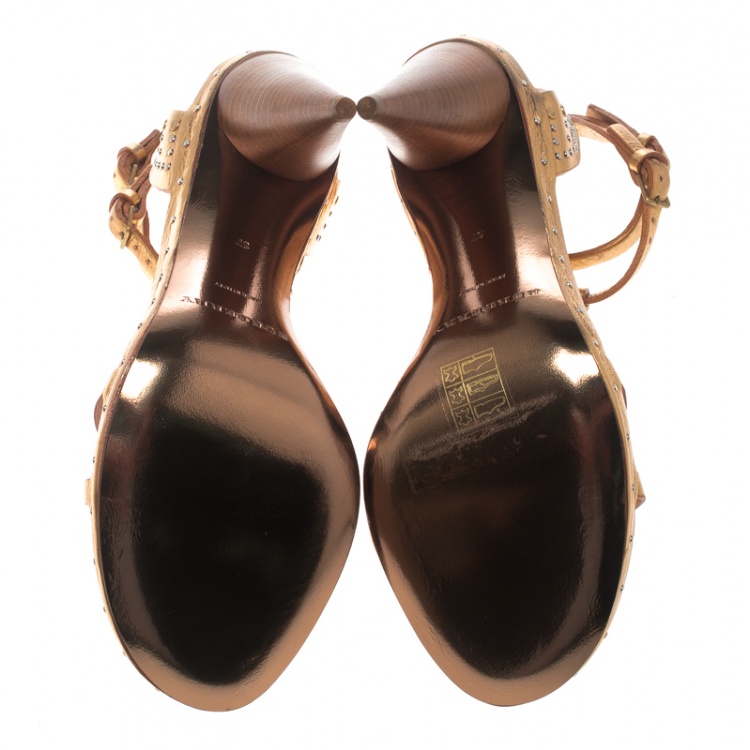 Pre Owned Burberry Metallic Gold Leather Hans T Strap Sandals Size 37