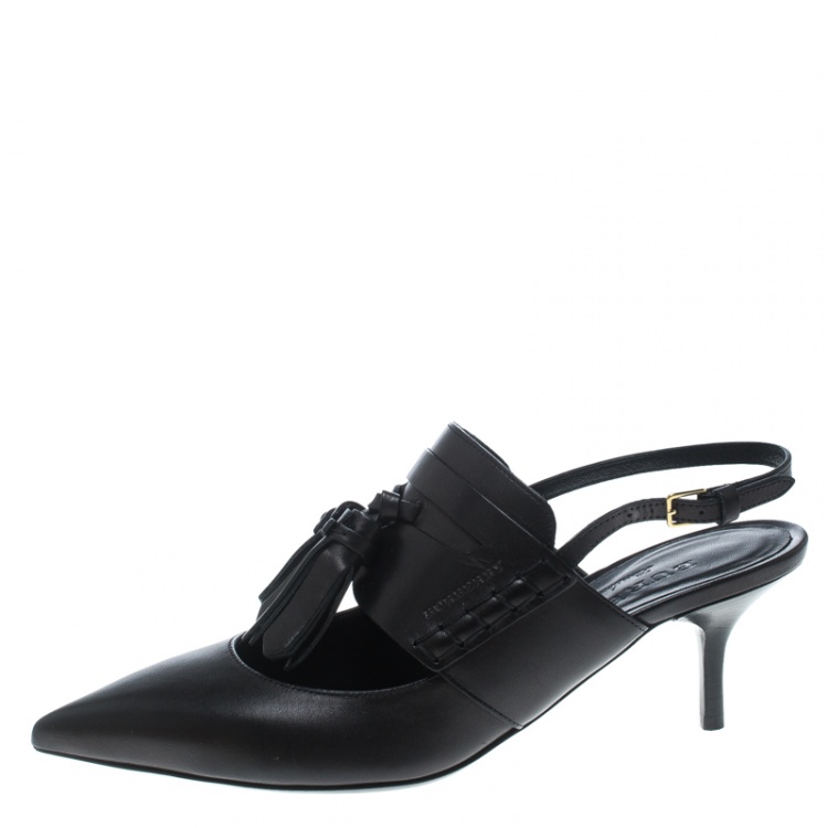Pre Owned Burberry Black Leather Colebert Cut Out Pointed Toe Tassel Detail Slingback Sandals Size 38.5