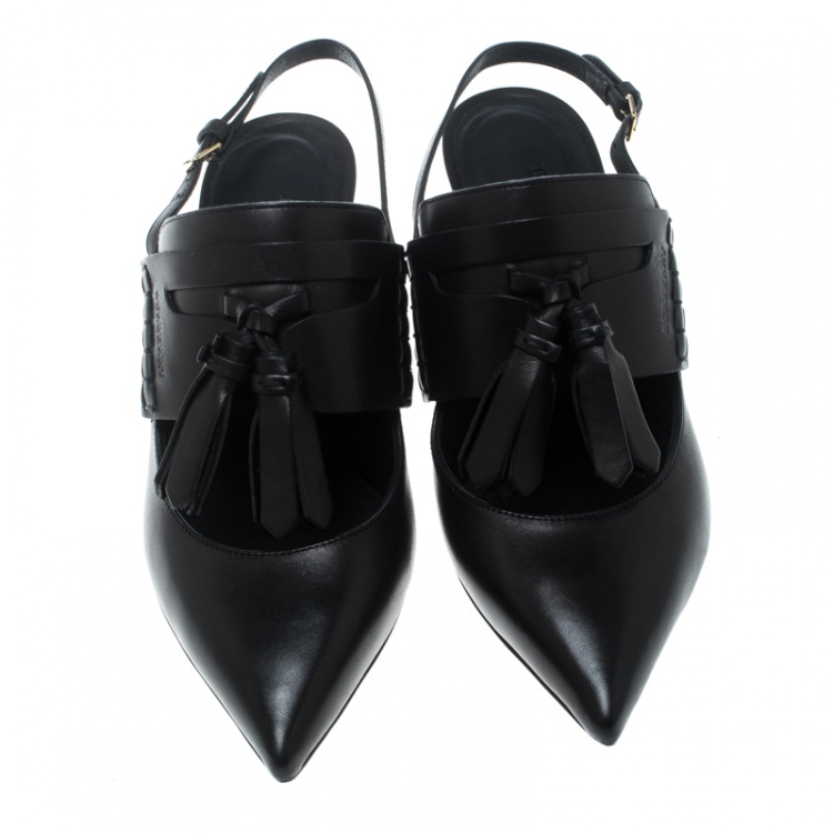 Pre Owned Burberry Black Leather Colebert Cut Out Pointed Toe Tassel Detail Slingback Sandals Size 38.5