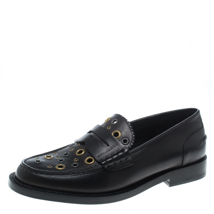 Pre Owned Burberry Black Leather Bedmont Eyelet Detail Penny Loafers Size 37