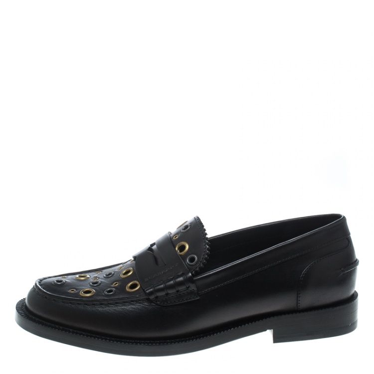 Pre Owned Burberry Black Leather Bedmont Eyelet Detail Penny Loafers Size 37