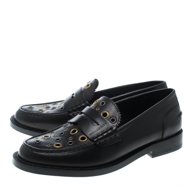 Pre Owned Burberry Black Leather Bedmont Eyelet Detail Penny Loafers Size 37