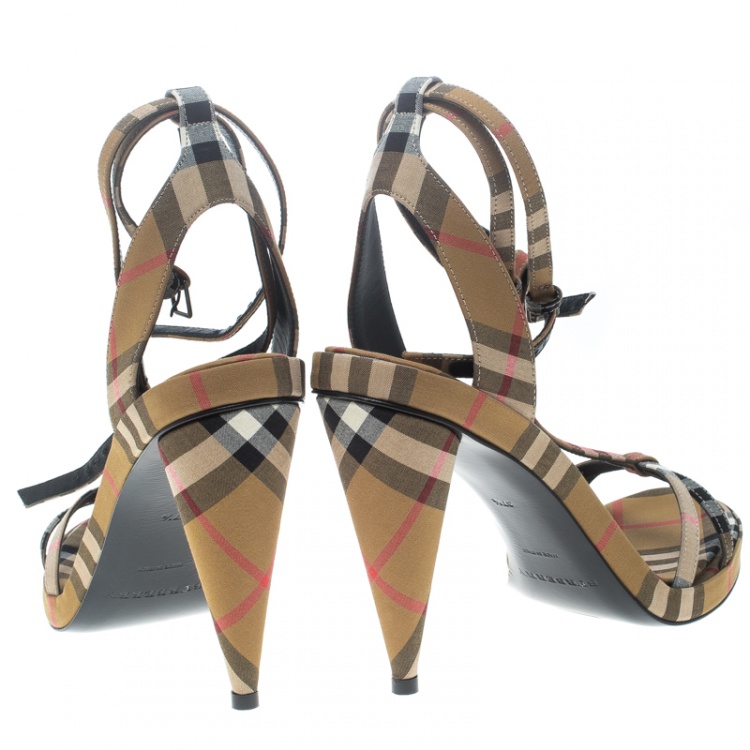 Pre Owned Burberry Beige Novacheck Fabric Hans T Strap Sandals Size 37.5