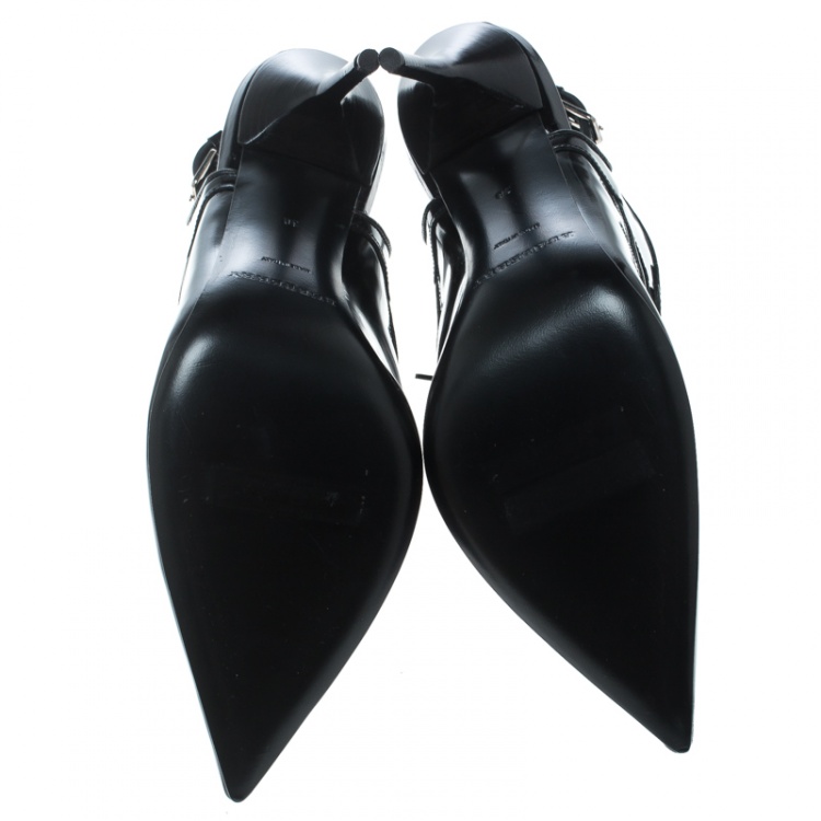 مملوكة مسبقًا Burberry Black Leather Buckton Pointed Toe Slingback Sandals Size 38