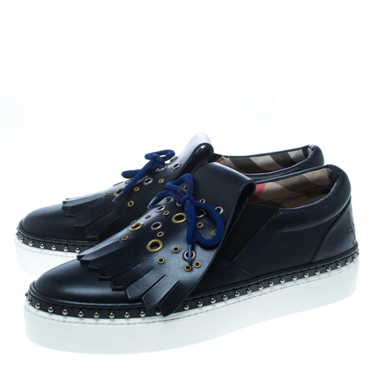Pre Owned Burberry Navy Blue Leather Kiltie Fringe Slip On Sneakers Size 39.5