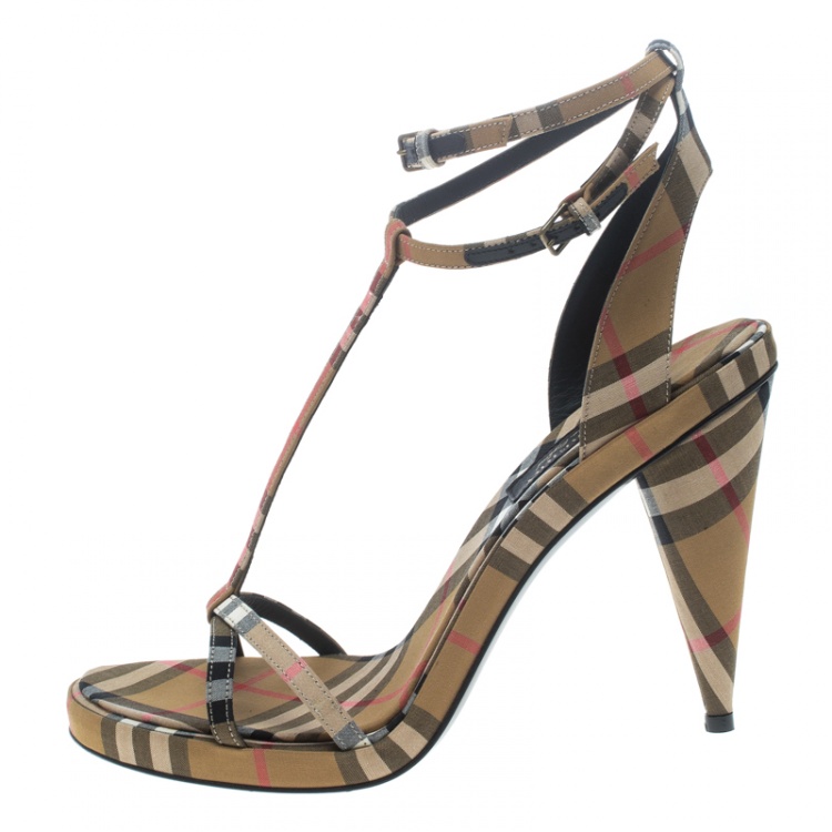 Pre Owned Burberry Beige Novacheck Fabric Hans T Strap Sandals Size 38.5 